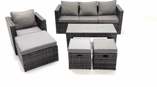 Fimous Rattan Garden Furniture Set with Sofa, Coffee Table, Armchair and 3 Footstools in Dark Grey