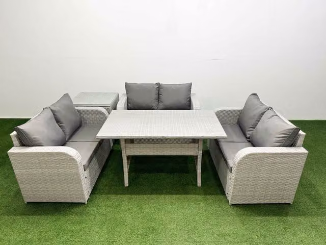 Fimous 6 Seater PE Wicker Rattan Garden Furniture Set in Light Grey with Rectangular Dining Table, 2 Seater Love Sofa and Side Table