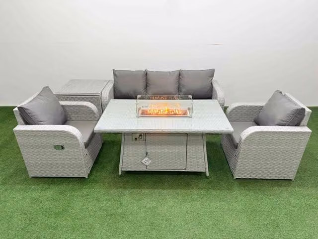 Fimous PE Rattan Garden Furniture Set in Light Grey with Reclining Chairs, Sofa, Firepit, Dining Table and Side Table