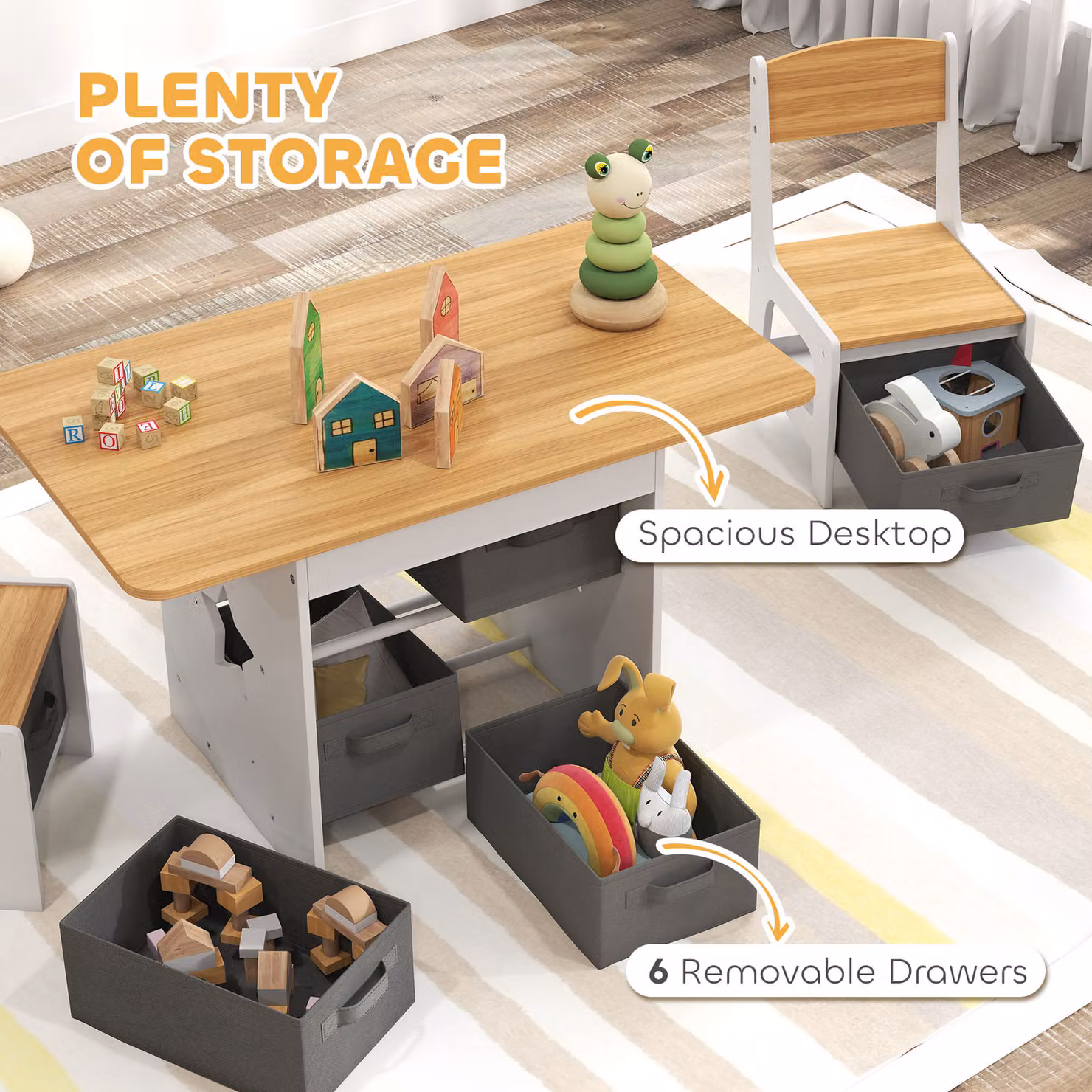 AIYAPLAY Kids Table and 2 Chairs Set with 6 Removable Drawers, Natural Sand and White – 3