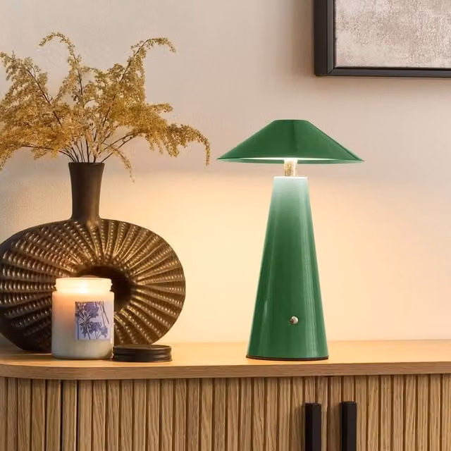 Wyld and Coco Wireless LED Mushroom Table Lamp in Green Metal with Dimmable Touch Control – 1