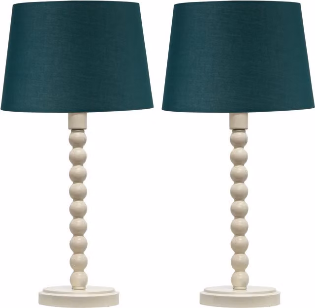 First Choice Lighting Bobbin Set of 2 White Ceramic Table Lamps with Dark Green Fabric Cylinder Shades – 1