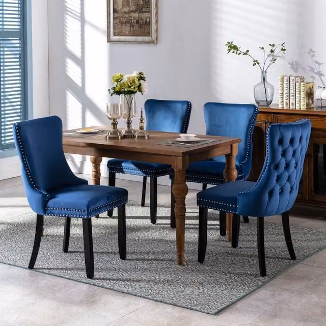 HomeTouch Sierra Set of 4 Blue Velvet Tufted Wing Back Dining Chairs with Oak Wood Legs – 1
