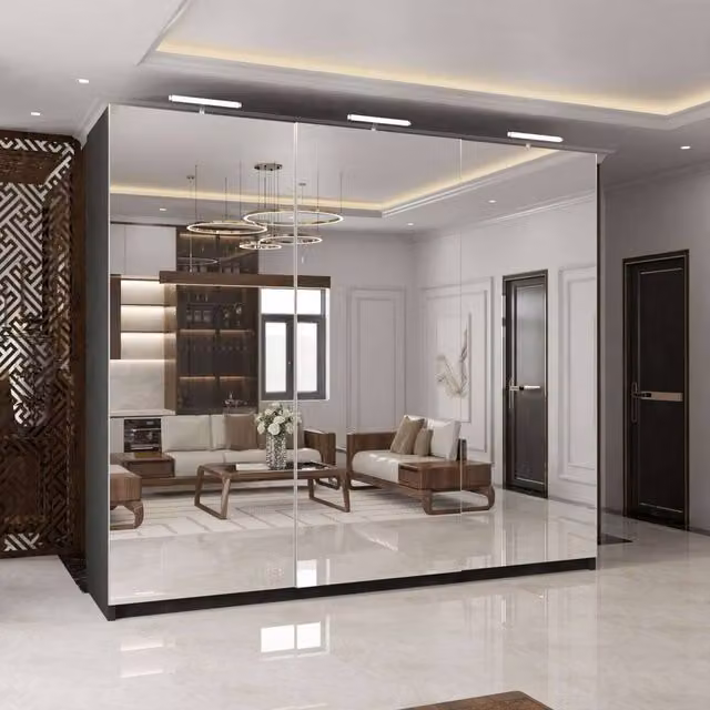 MN Furniture Black Sliding Door Wardrobe with Full Mirror and Integrated LED Lighting, Width: 250 cm
