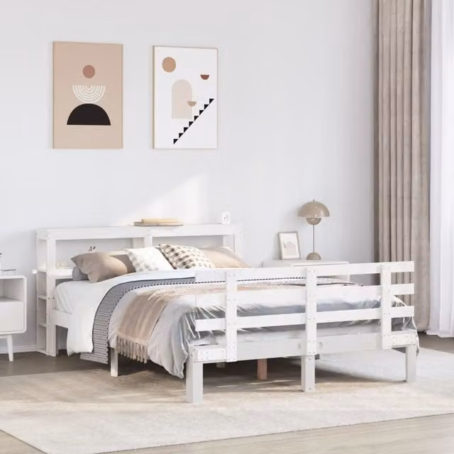 Berkfield Home Small Double Bed Frame with Headboard and Side Compartments in White Solid Pine Wood, W/D/H: 120 x 200 cm