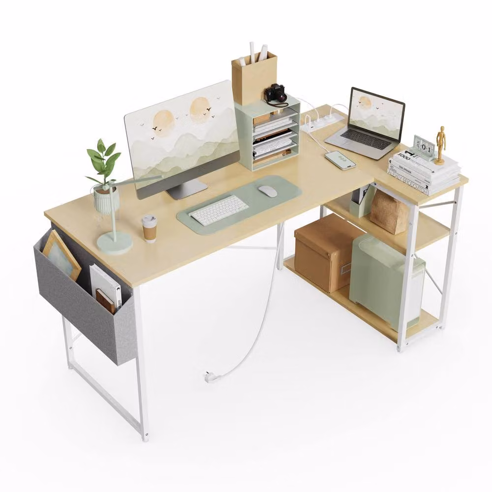 BEXEVUE Reversible L Shaped Corner Gaming Desk with Power Outlet in Beige and Light Brown, W: 120 cm, D: 70 cm – 2