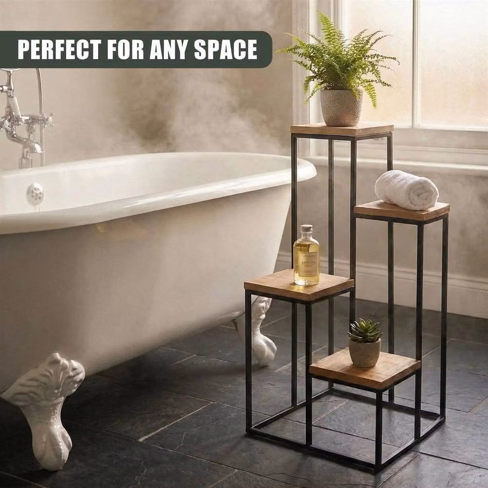 EONLION 4 Tier Industrial Plant Stand in Brown Metal and Wood – 4