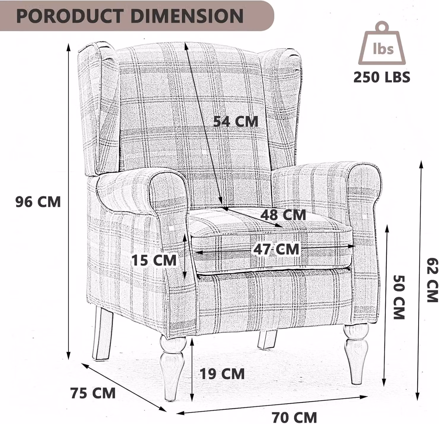 FURNITURE ONE Retro Green Tartan Fabric Wingback Accent Chair with Solid Wood Frame, W/D/H: 70.0 x 75.0 x 96.0 cm – 4