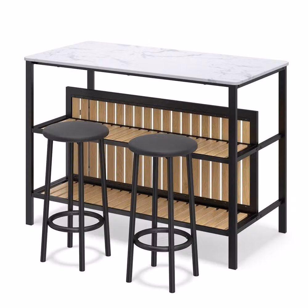 SPETLEK Modern White Kitchen Island and Bar Stool Set with Marble Effect Table and 2 Stools – 7
