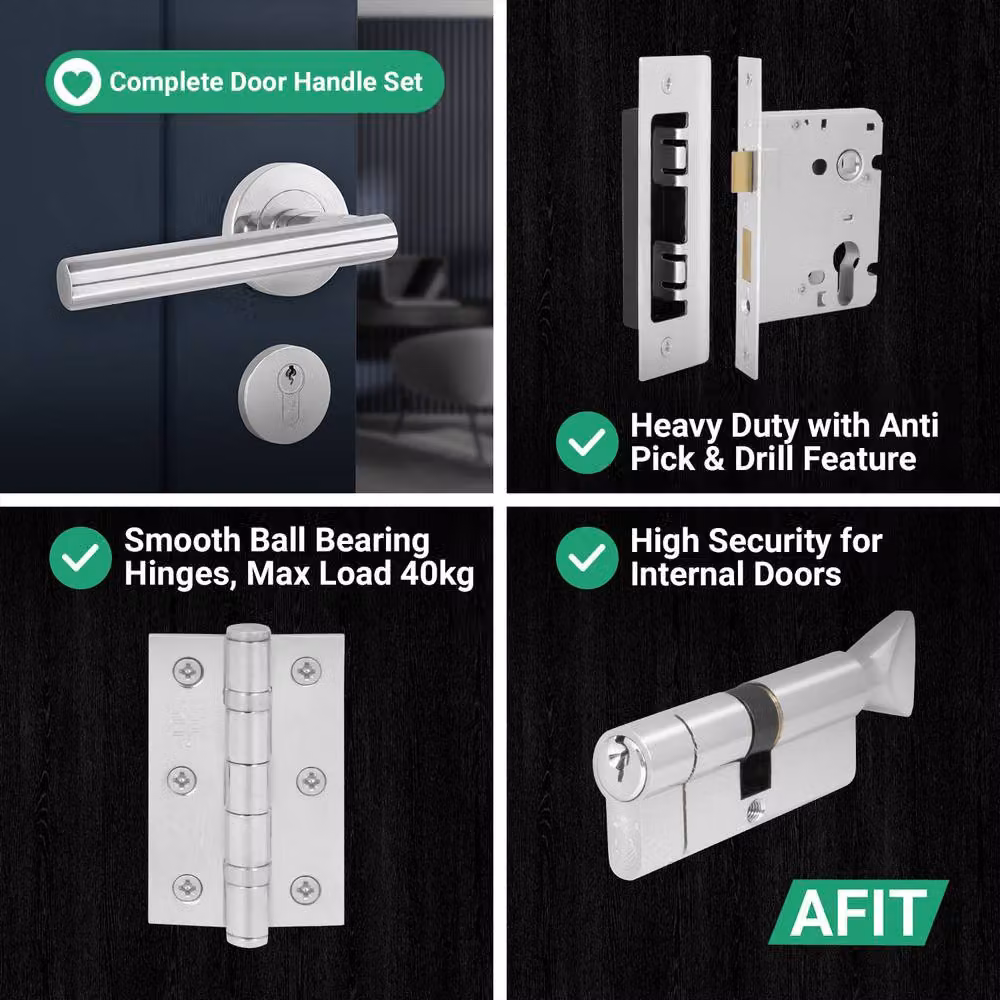AFIT Polished Chrome Door Handle with Euro Lock Thumbturn Cylinder and Hinges in Silver, W/D/H: 15 x 15 x 1.5 cm – 6