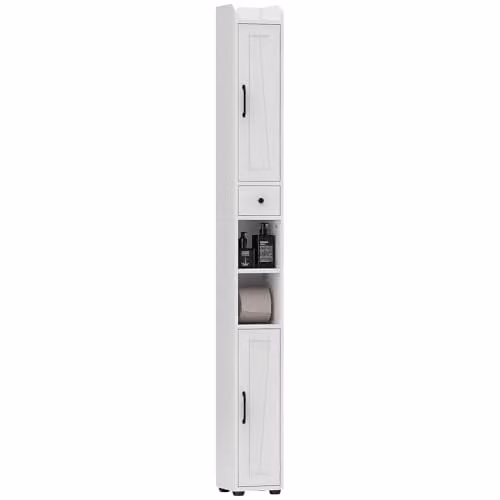 HOMCOM Tall White Bathroom Cabinet with Hinged Doors and Internal Shelves, W/D/H: 20 x 20 x 185 cm – 1