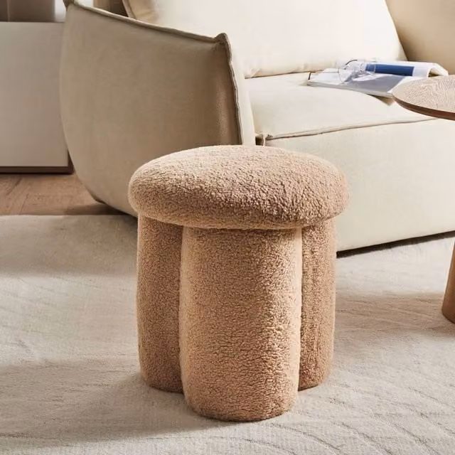 Wyld and Coco Beige Bouclé Cylindrical Round Pouffe Footstool W/D/H: 40 x 40 x 45 cm