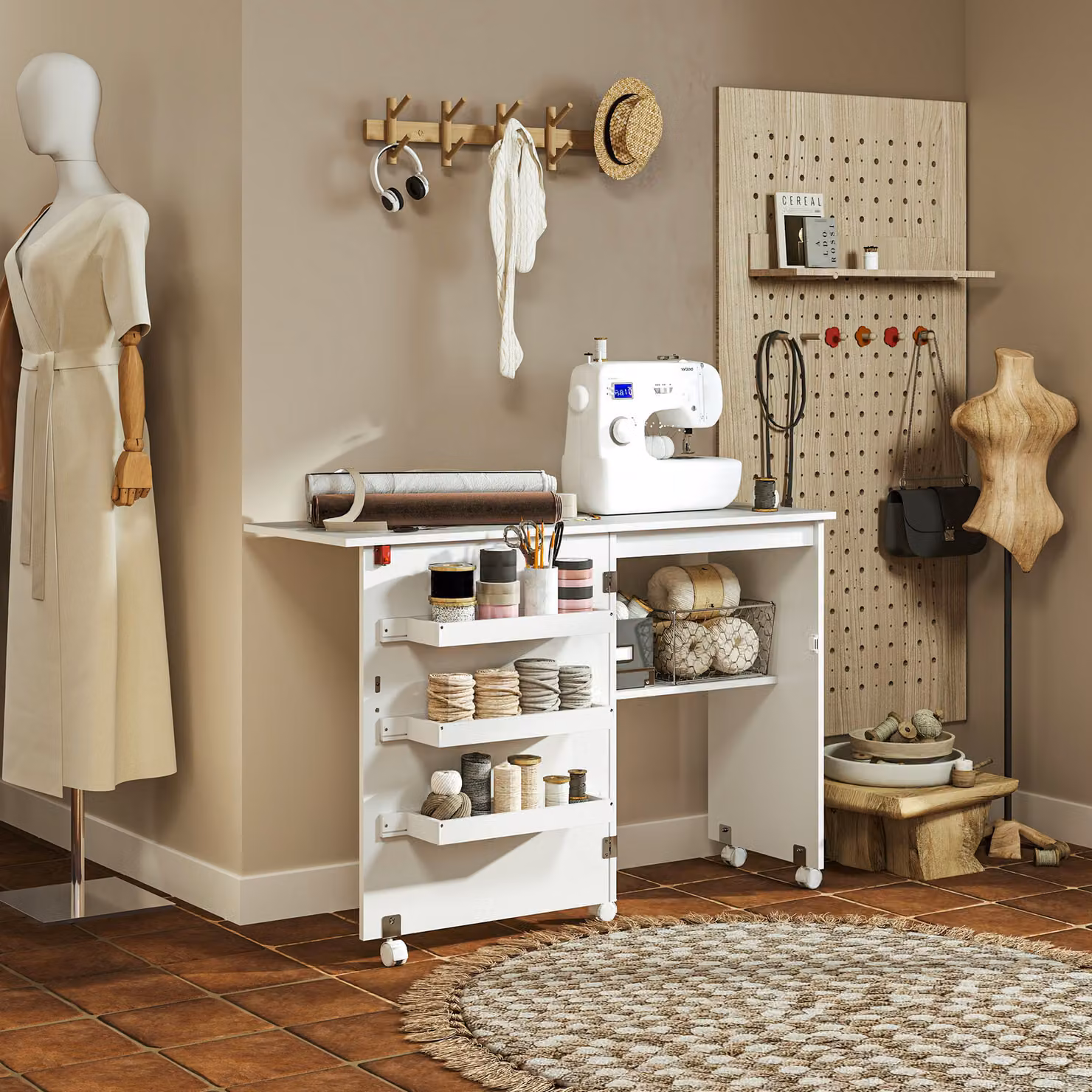 HOMCOM White Folding Sewing Table with Drop Leaf, Storage Bins, Open Shelf and Castors – 2