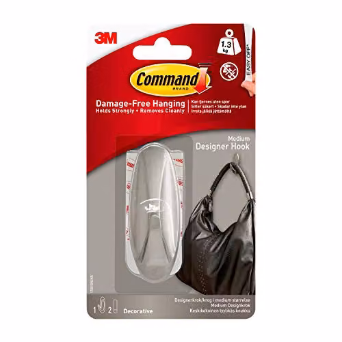 3M Command Medium Designer Hook in Brushed Silver with 2 Adhesive Strips – 1
