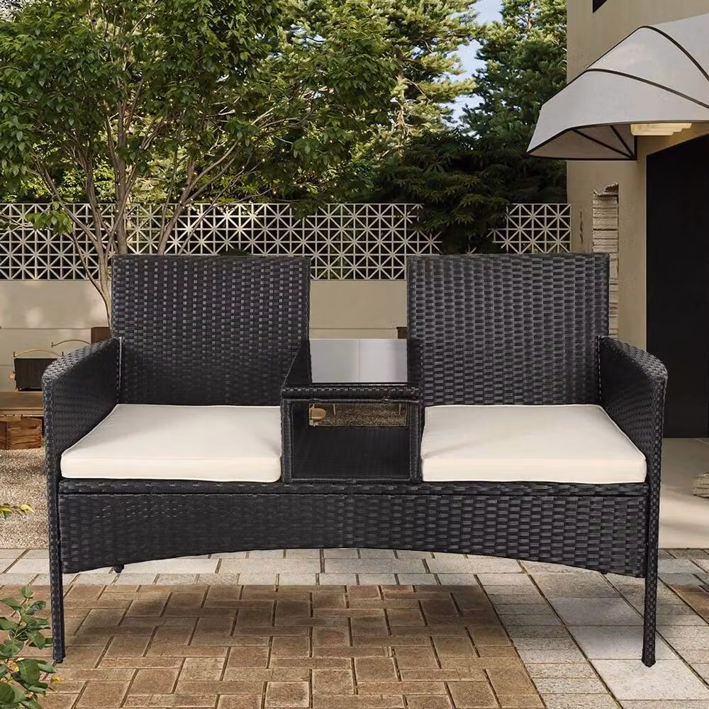 FORGEVIO Modern Garden Love Seat Chair with Black Base and Beige Cushions – 4