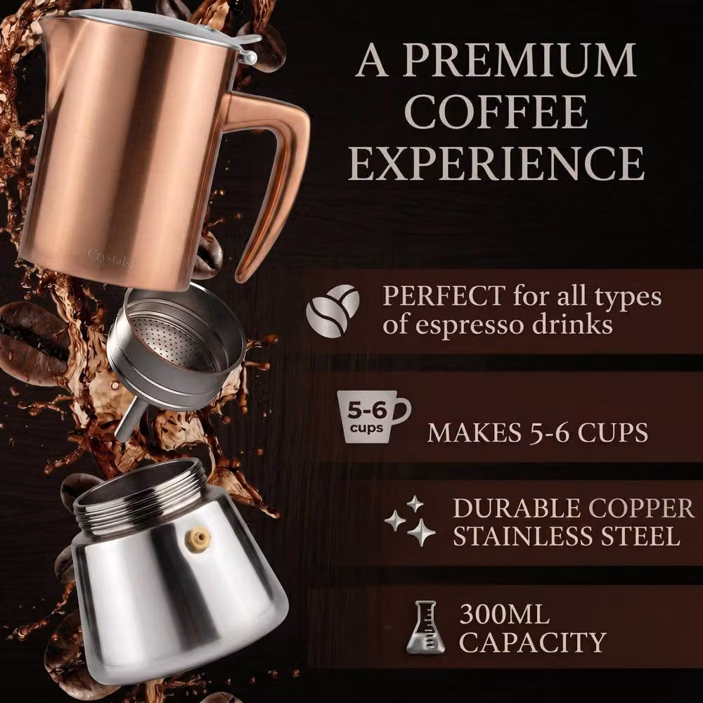 Crystals 6 Cup Stainless Steel Espresso Maker Stovetop Coffee Moka Pot in Copper and Bronze – 6
