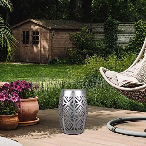 Teamson Home 2-in-1 Metal Round Garden Side Table and Solar Powered LED Lantern in Silver – 3