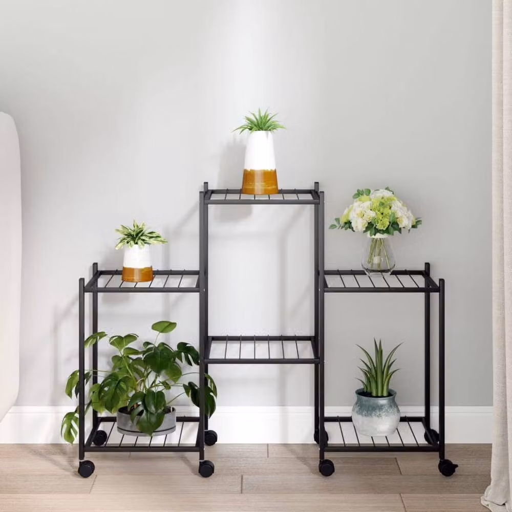 Berkfield Home Durable Metal Flower Stand with Wheels, Black, W/D/H: 83 x 25 x 63.5 cm – 2
