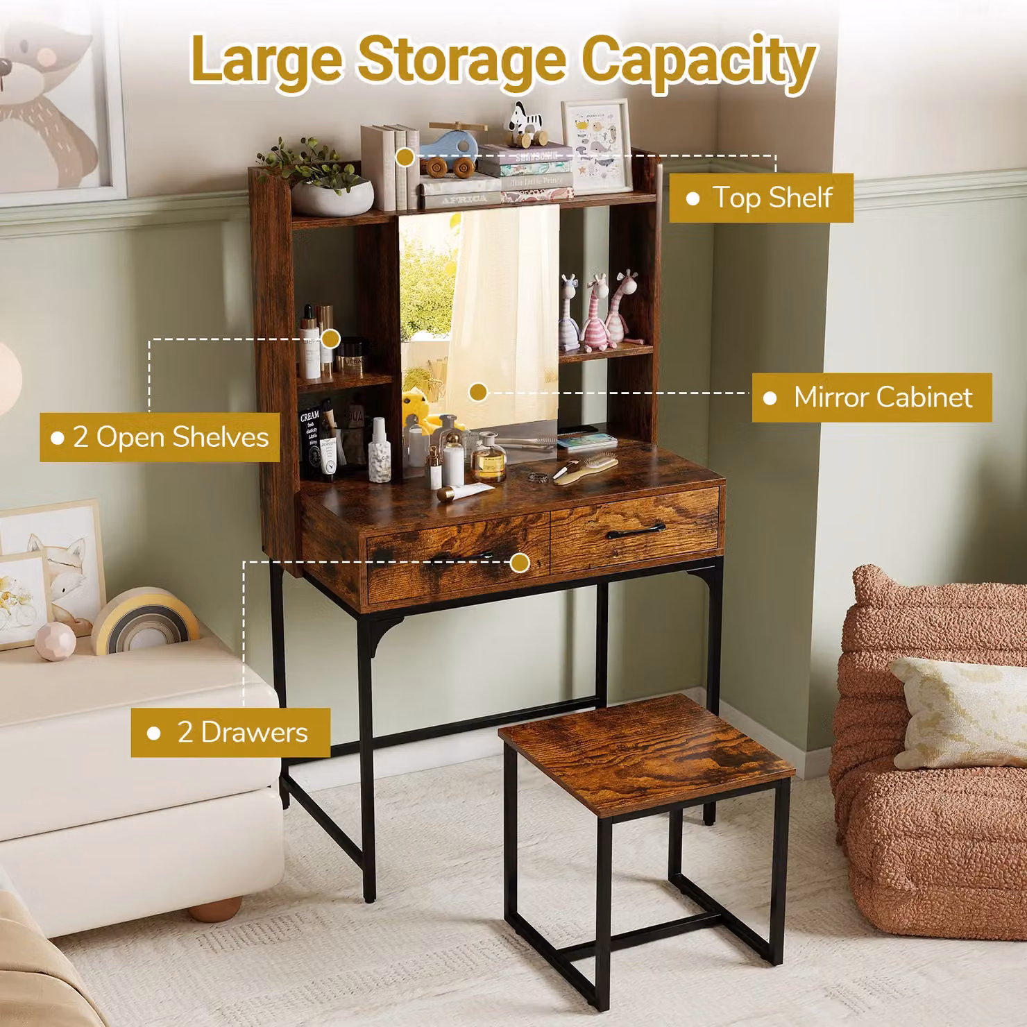 Costway Modern Wide Makeup Dressing Table with Power Outlets in Brown – 4