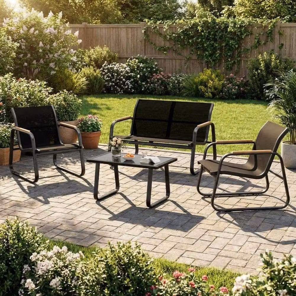 London Boutique 4-Piece Black Garden Furniture Set with Coffee Table, 2 Armchairs and Loveseat – 7