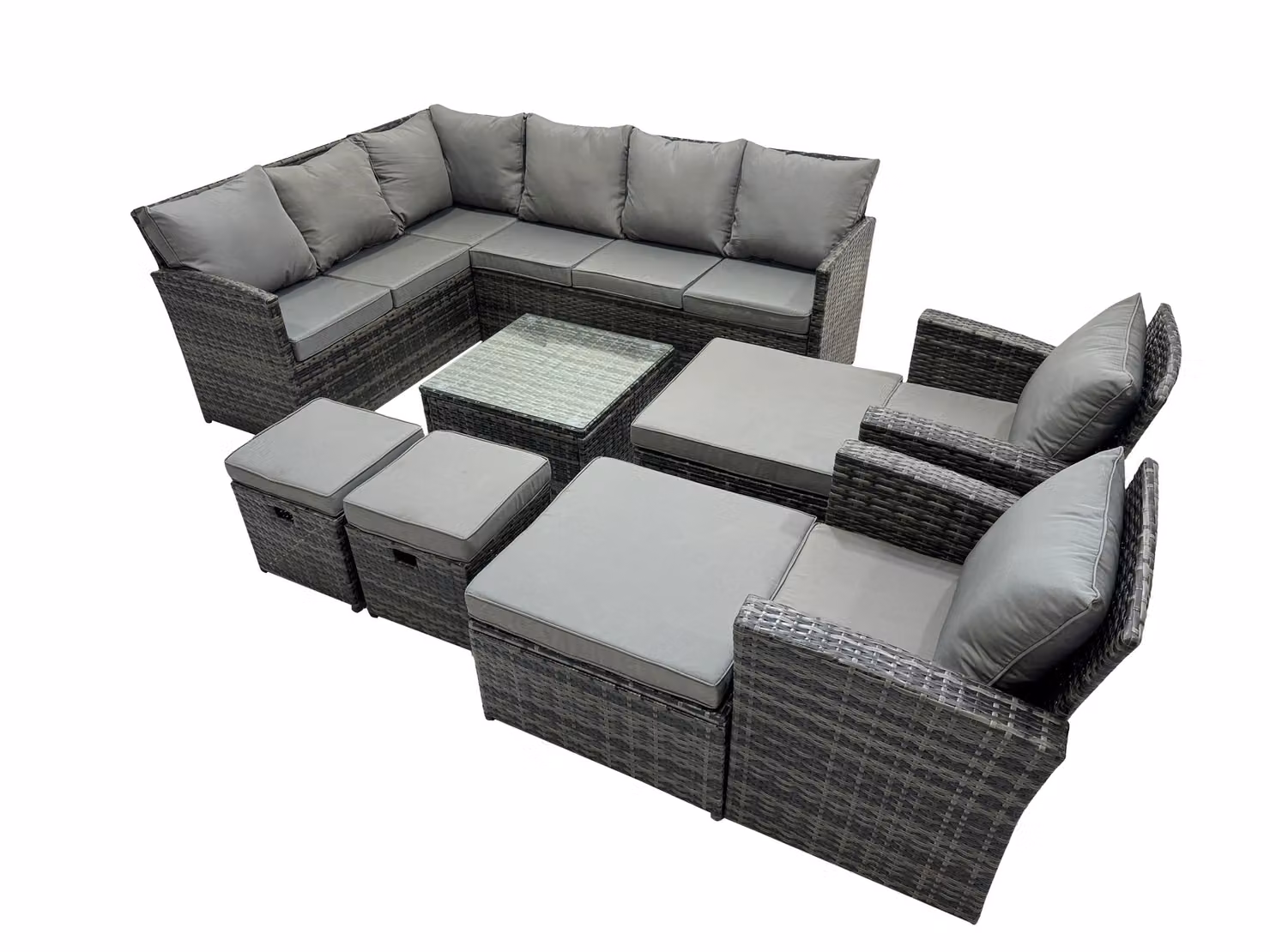 Fimous 12 Seat Poly Rattan Corner Sofa Set with 4 Stools and 2 Chairs in Dark Grey – 2