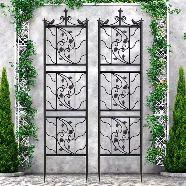 VOGREX 2-Piece Black Metal Bird Leaf Trellis and Heavy Duty Plant Climbing Support Stand