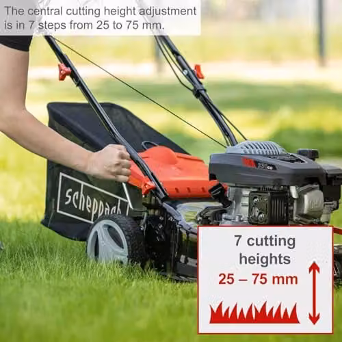 Scheppach MP132-42 Compact Petrol Lawnmower with 42 cm Cutting Width, Mulching Kit and 45 l Grass Bag, Black and Red – 2