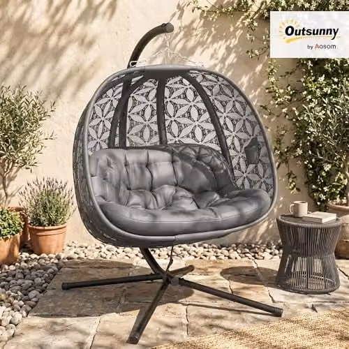 Outsunny Double Hanging Swing Chair with Metal Stand and Cushions, Grey – 2