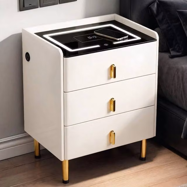 SPETLEK Modern White Glass Side Table with Integrated Adjustable LED Lighting