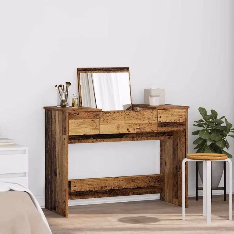 Berkfield Home Rustic Old Wood Dressing Table with Mirror in Brown, W/D/H: 100 x 45 x 76 cm