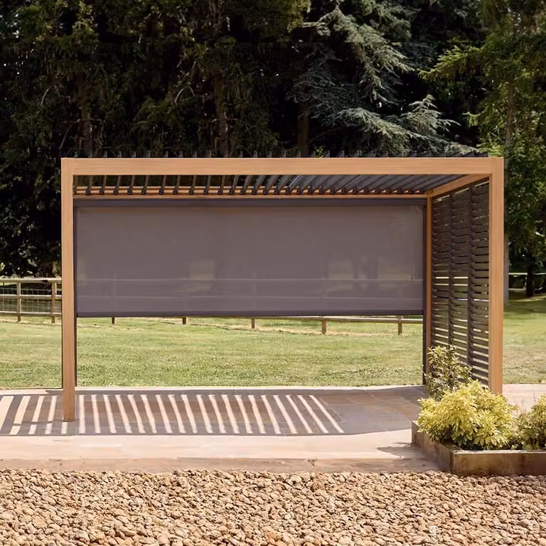 Leisure Grow Savannah Pergola with Lights in Brown Oak Effect Aluminium, W 400 cm x D 400 cm
