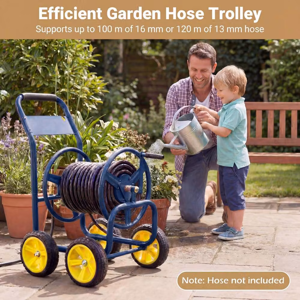 Costway 4-Wheel Garden Hose Reel Cart, Powder-Coated Metal Water Hose Organiser in Blue – 7