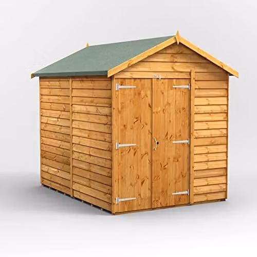 Powersheds Premium Apex Overlap Wooden Shed in Brown with Double Doors and Gable Roof