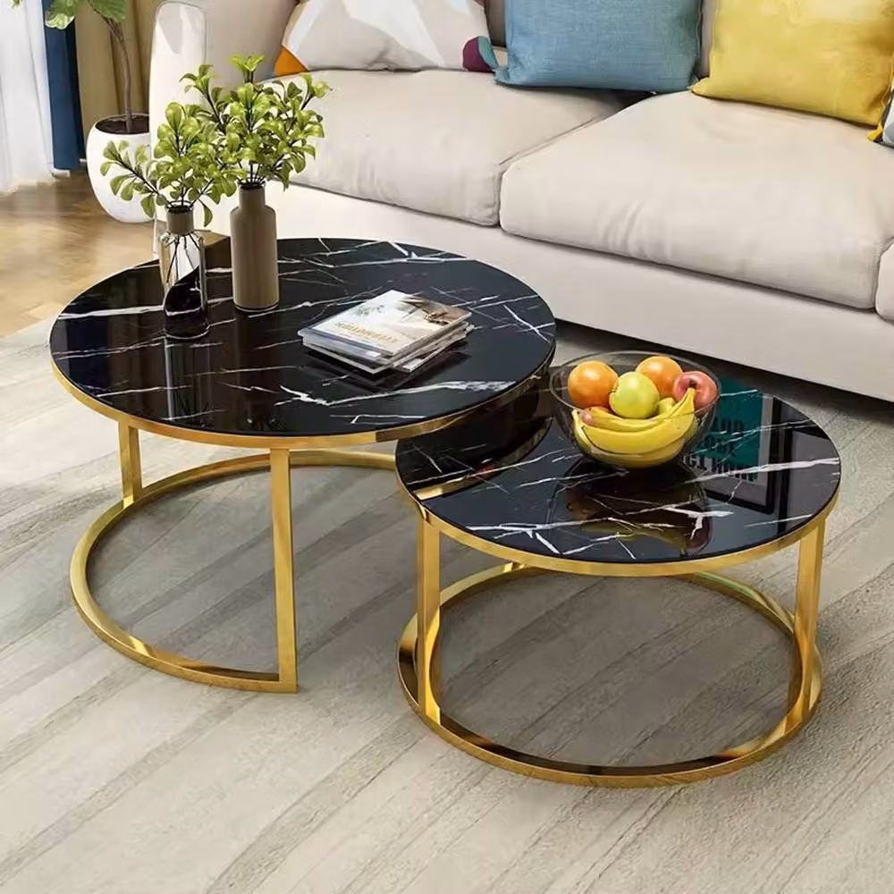 FORGEVIO Set of 2 Round Nesting Coffee Tables with Black Marble Tops and Metal Sled Base – 4