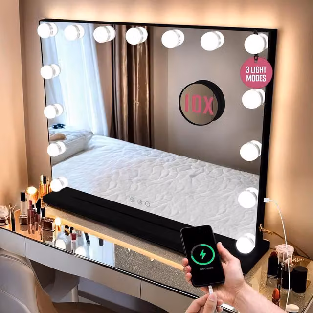 GloBrite 15 LED Hollywood Tabletop Dressing Table Mirror in Black