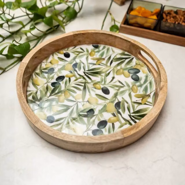 Madison & Mayfair Rustic Mango Wood Round Tray with Olive Enamel Design in Brown, Diameter: 30 cm
