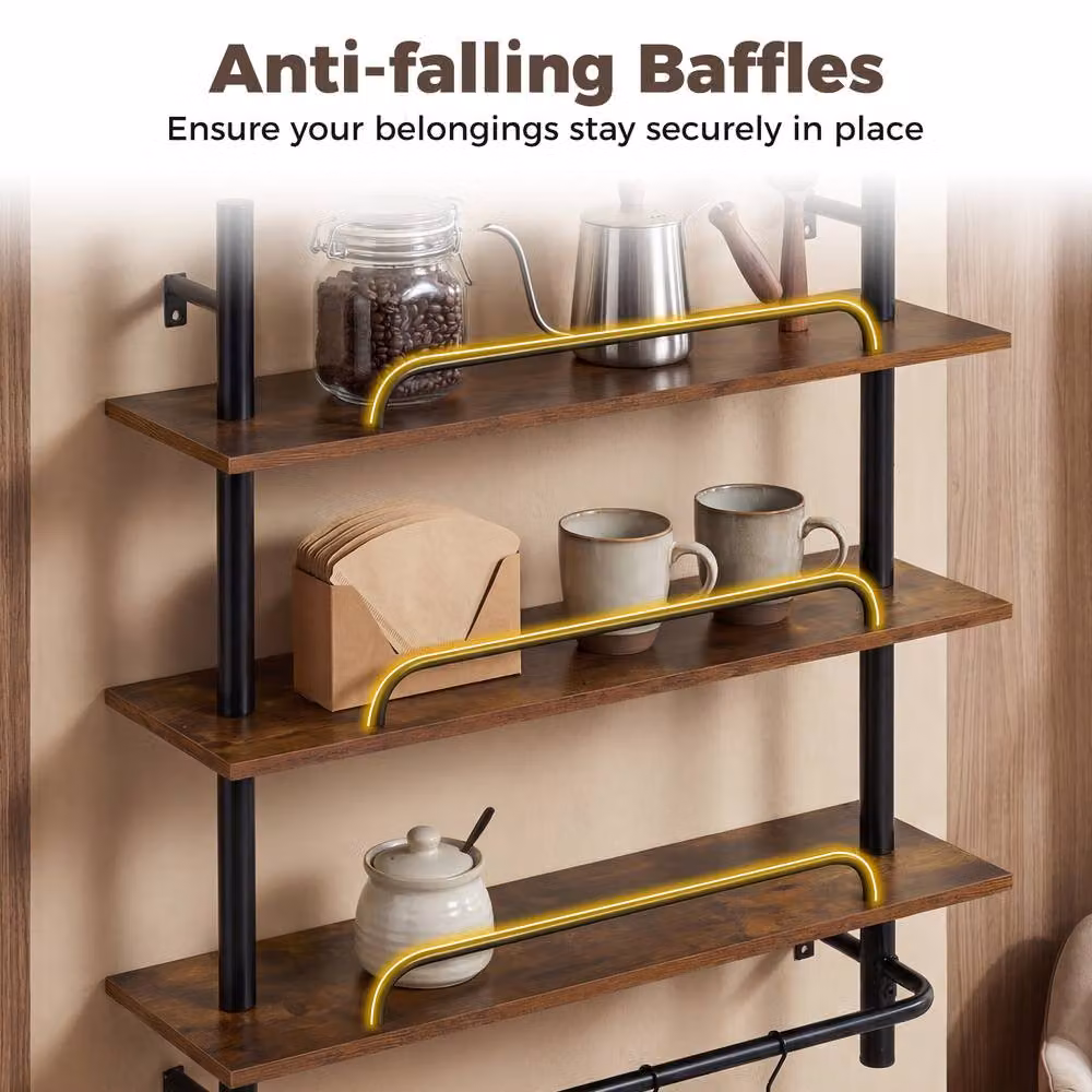 Costway 3-Tier Floating Wall Mounted Display Shelves with 4 Hooks in Dark Brown – 6