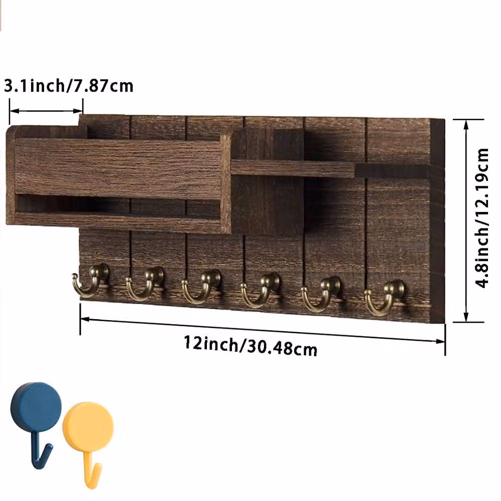 EONLION Brown Wood Wall Mounted Key Holder and Organiser Rack with Shelf – 2
