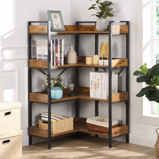 Mona Vale Furniture Rustic Industrial 4-Tier L-Shaped Corner Shelf Unit in Brown