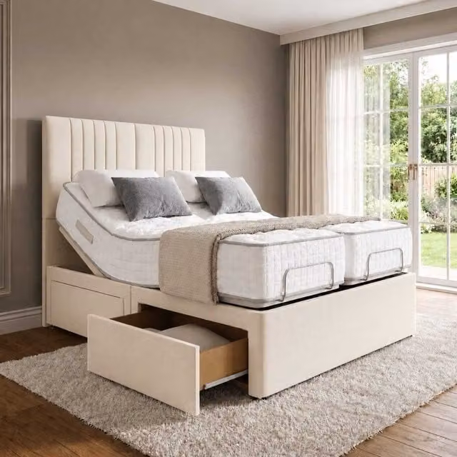 K Mehmood Enterprise Ltd Modern Upholstered Electric Adjustable Bed with Storage Drawers and Headboard in Beige