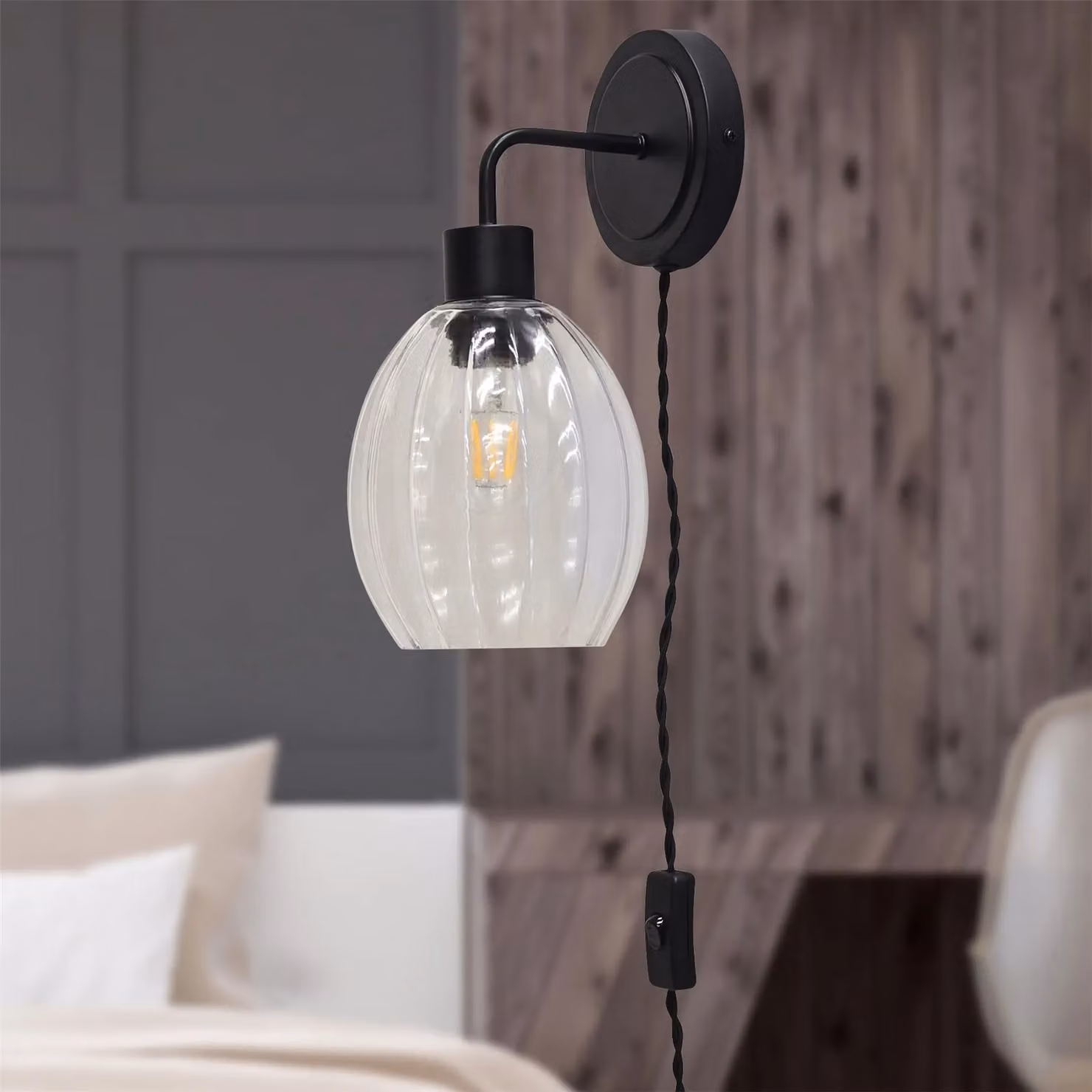 First Choice Lighting Toby Set of 2 Black Plug-in Wall Lights with Transparent Fluted Glass Shades – 2
