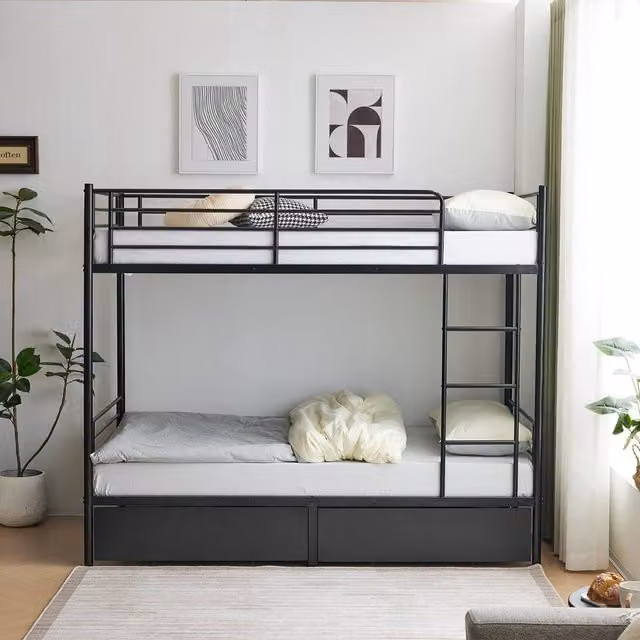EONLION Black Metal Double Bunk Bed with Drawers, W/D/H: 140 x 200 cm
