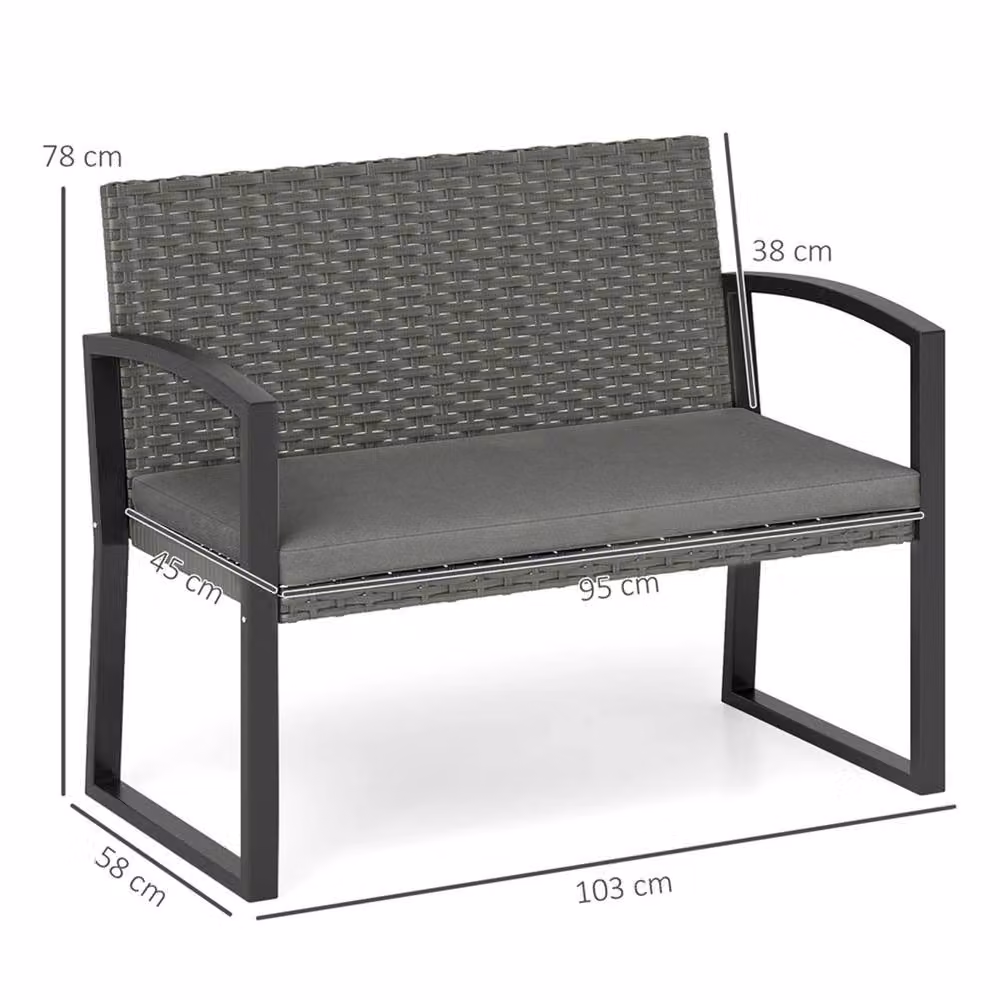SPETLEK Grey 2 Seater Rattan Outdoor Bench with Cushions and Steel Frame, W: 100 cm, D: 80 cm, H: 80 cm – 2