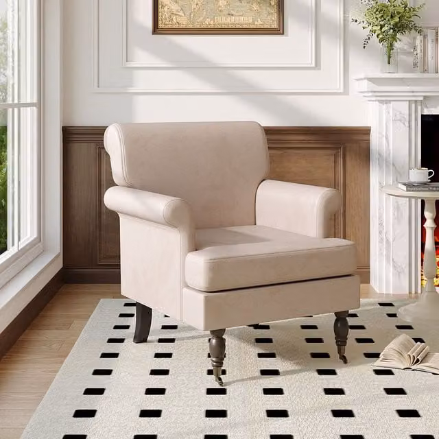 Livingandhome Classic Velvet Armchair with Solid Wood Frame and Armrests in Beige