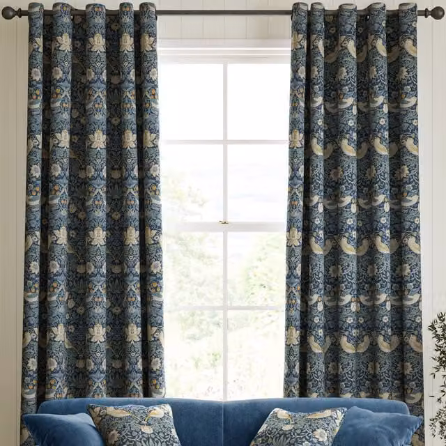 William Morris At Home Strawberry Thief Made to Measure Blackout Eyelet Curtains in Multicolour Floral Velvet and Cotton