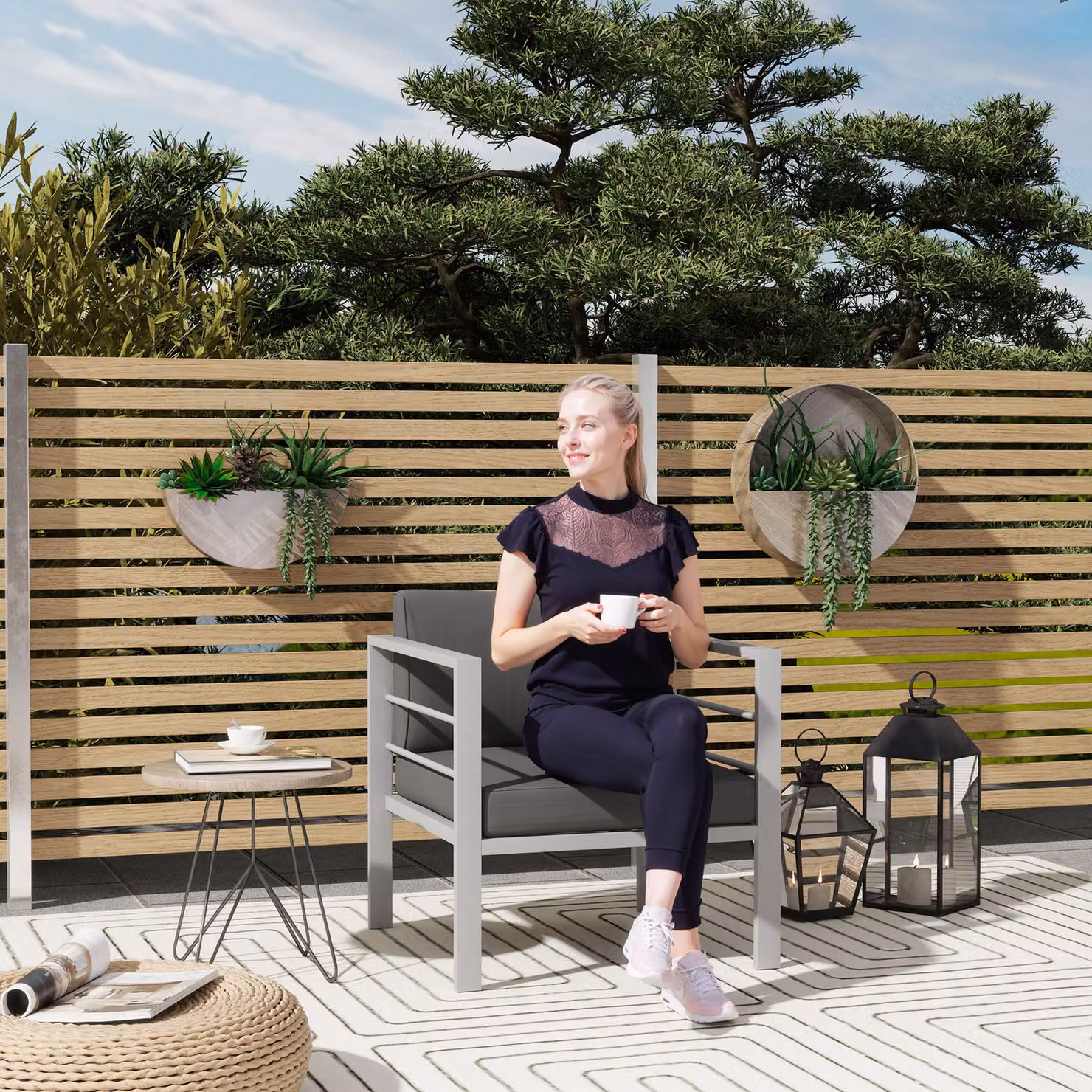 Outsunny Aluminium Armchair with Removable Weather-Resistant Cushions, Charcoal Grey Single Outdoor Sofa – 2