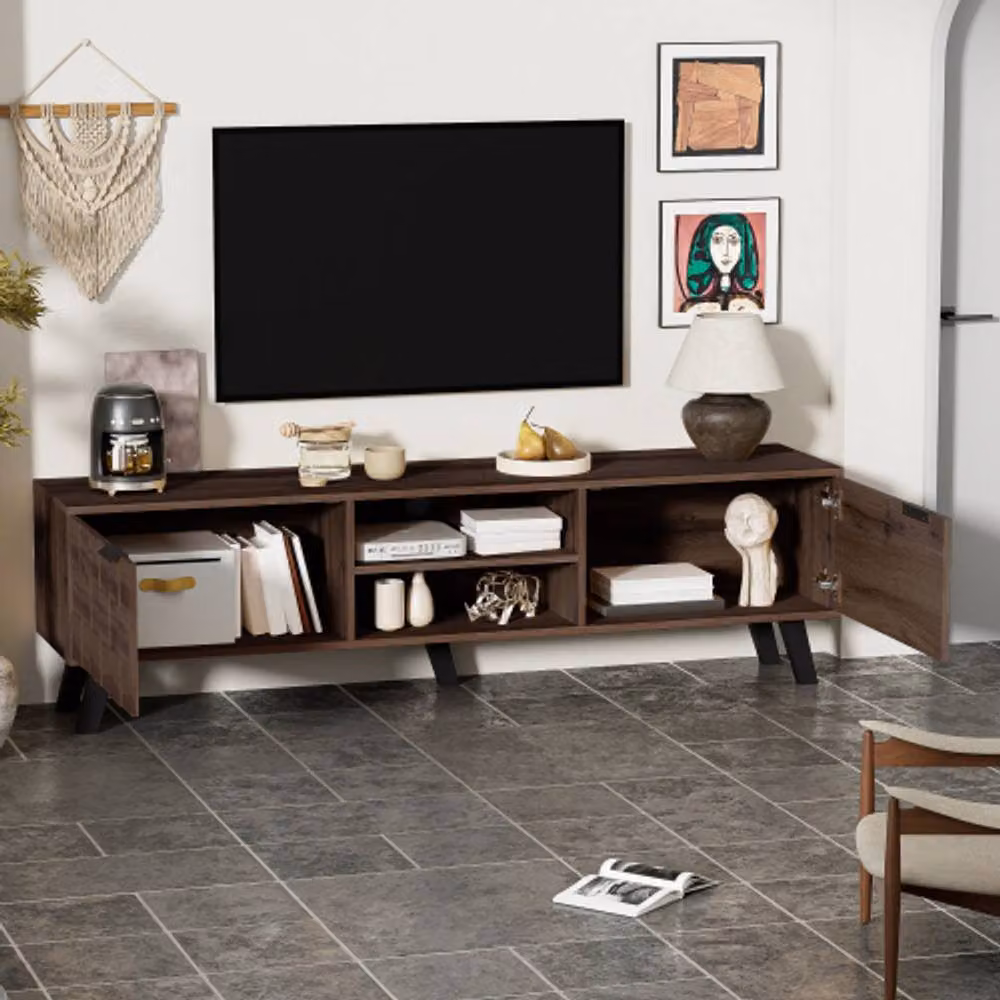 Merax Mid-Century TV Stand with Textured Checkerboard Doors in Natural, W: 160.5 cm, D: 45 cm, H: 45 cm – 4
