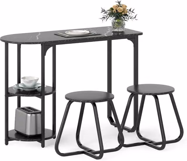 Havendro Bar Table and 2 Bar Stools Set with 2 Shelves, Black