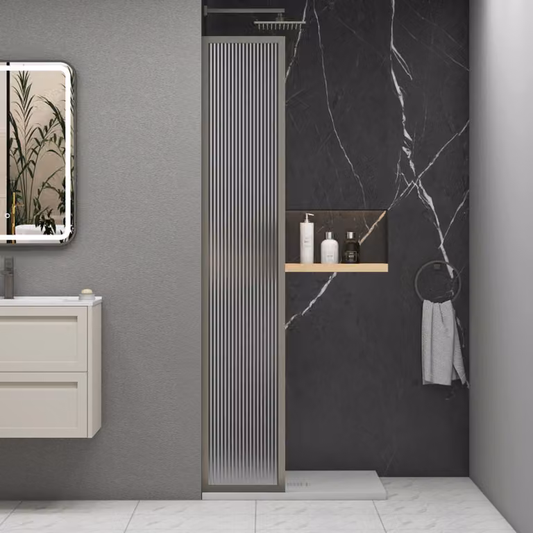 Luxor Fixed Walk-In Wet Room Fluted Shower Screen with Gun Metal Grey Frame, 8mm Easy Clean Glass, W: 30 cm, H: 195 cm, D: 30 cm