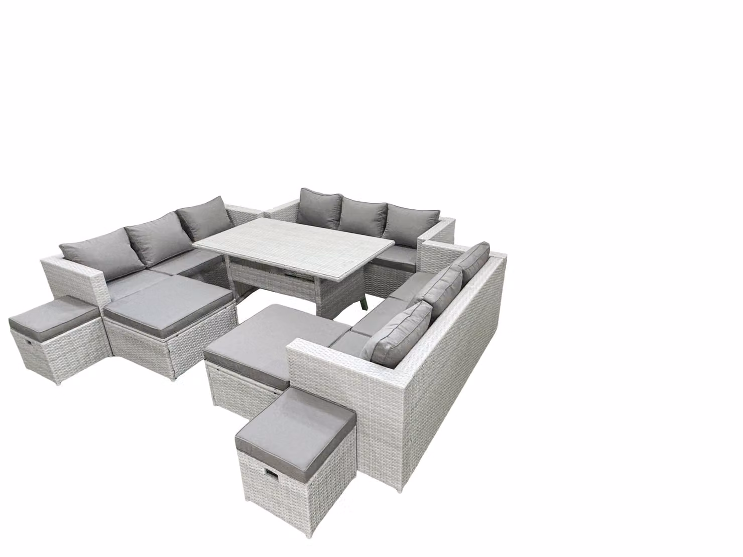 Fimous 13 Seater Rattan Garden Furniture Dining Set with Lounge Sofa, Dining Table and 4 Footstools in Light Grey – 2